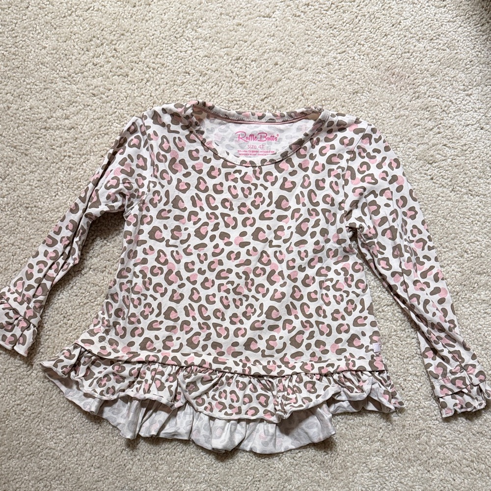 Ruffle Butts Pink and Brown Leopard Ruffle-Hem Long Sleeve Top